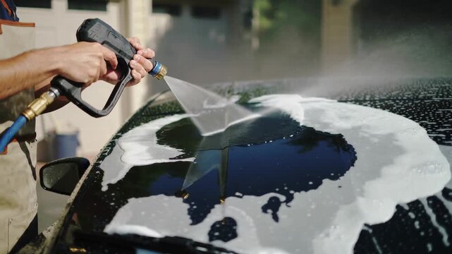 Sunlit transformation begins as rich foam caresses a sleek dark car, promising a sparkling clean finish on a bright day