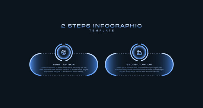2 step infographic template with graphs, pie chart, workflow and circle diagram. Dark blue neon gradient futuristic style, editable vector for brochure, report, presentation, and web design use