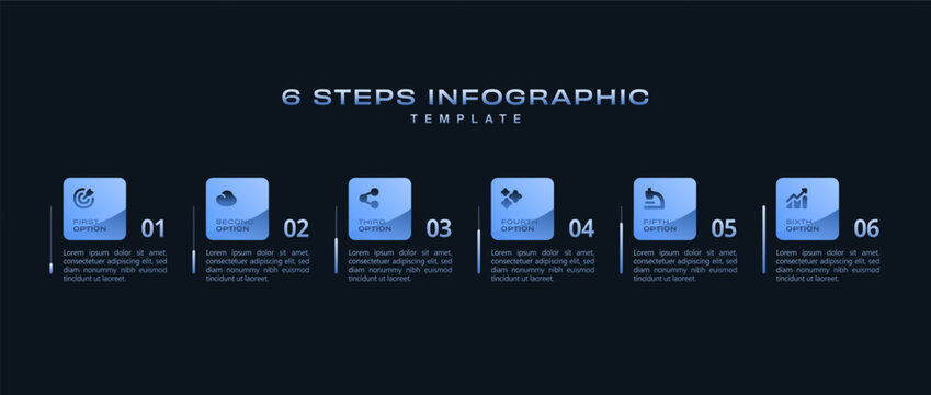 6 step infographic timeline template with minimal design, presentation graph and business process flow. Dark and light blue square layout, numbered options, clean icon vector illustration reports