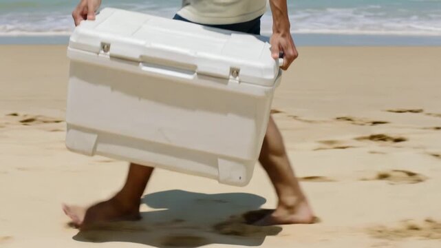 Sun-drenched beach adventure carrying a trusty cooler towards the inviting ocean surf on a perfect day