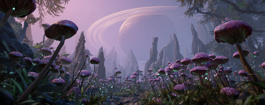 alien planet surface with giant glowing fungi forest in thick fog hazy sky