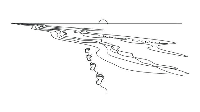 Continuous line drawing of footprints on a sandy beach.