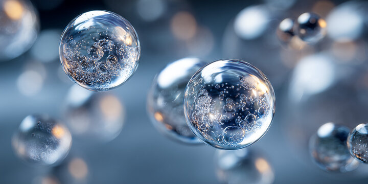 translucent liquid hydrogen droplets floating in zero gravity for aerospace concept