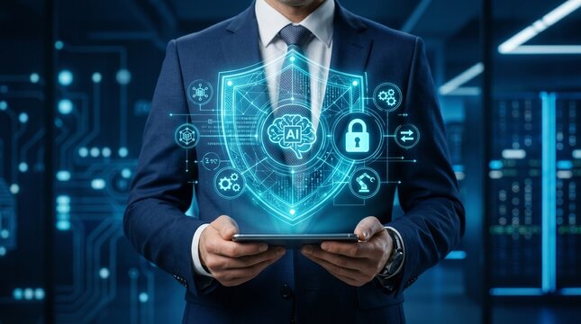 business professional holding glowing digital cloud computing icon with financial symbols in server room