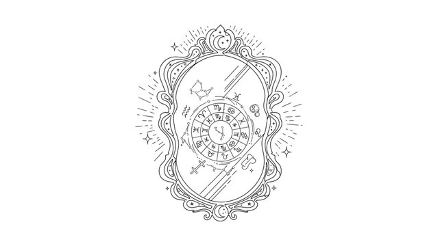 Vintage ornate mirror frame with mystical zodiac wheel illustration.