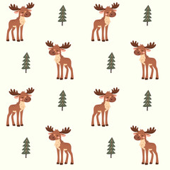 Fototapeta premium Seamless vector pattern with cute moose and pin tree. Forest animal pattern for kids and baby. Perfect for textile, wallpaper or print design and kids decor