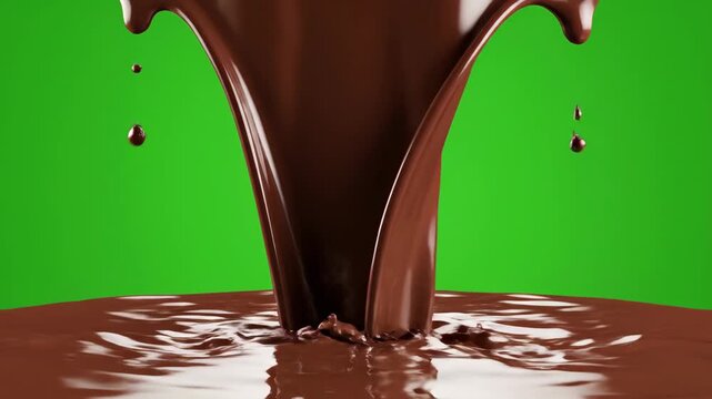 Thick, glossy dark chocolate syrup pouring down, creating beautiful splashes and ripples. Isolated on a green screen.