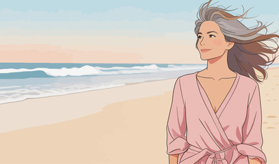 Obraz premium Woman enjoying a peaceful seaside stroll at sunset