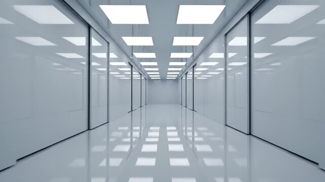 A symmetrical view of a long white corridor featuring highly reflective polished floors and multiple square LED ceiling panels in a minimalist, sterile laboratory or corporate environment.