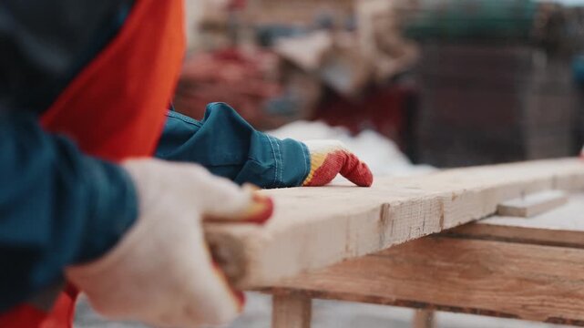 Cutting wooden board with circular saw during construction work close up