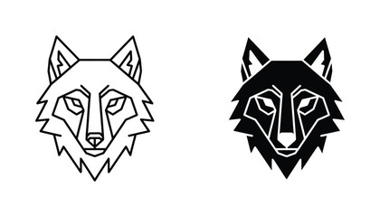 Fototapeta premium Geometric wolf head mascot icon set featuring stylized wild animal in both linear and solid black vector styles for modern branding