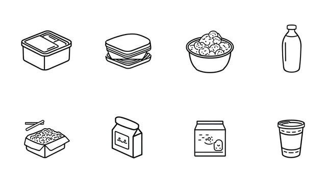 Food Items Illustration: A selection of food items including a lunchbox, sandwich, bowl of meatballs, milk bottle, container of noodles, packaged food, carton of food, and a coffee cup.