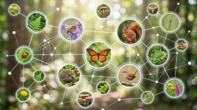 Ecosystem network diagram showcasing interconnected forest wildlife including insect, bird, mammal, and plant species. Biology study concept of biodiversity and environmental web of life.