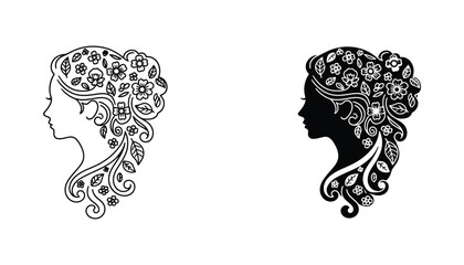 Profile portrait of woman with floral hair ornaments and botanical elements in solid silhouette and detailed line art © Majestic