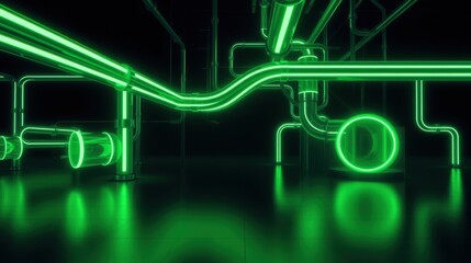 Obraz premium Bright green neon tubes form complex network. Reflections visible on dark glossy floor. Futuristic, abstract design.
