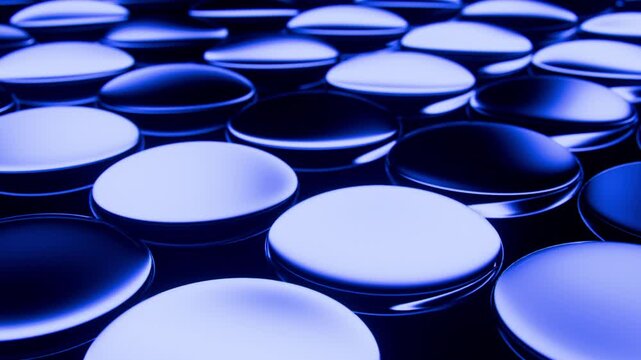 Horizontal 3D glass abstract coins circles sleek blurred depth loop animation glossy web design digital display business innovation tech science dynamic promo banner radiant prism refraction gradient