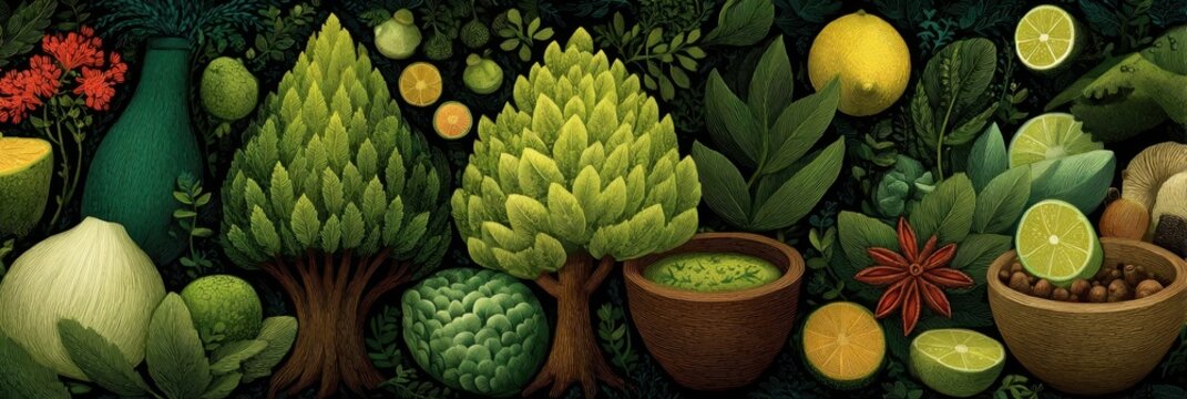 Cheerful Illustration of Ayurvedic Ingredients Forming a Tree