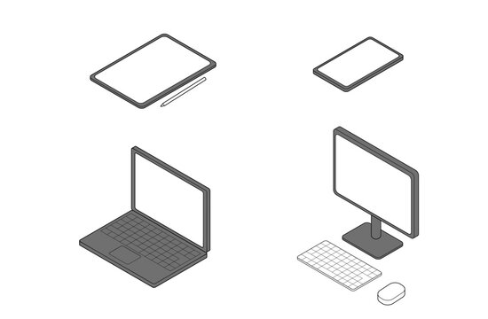 デスクトップPC・ノートパソコン・タブレット・スマートフォンの背景透過アイソメトリックイラスト