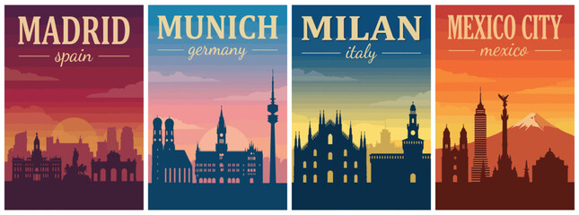 Naklejka premium Skyline silhouettes travel poster set. Including madrid spain, munich germany, milan italy, and mexico city mexico. Retro vector illustration wall art prints.