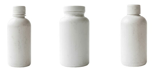 Minimal white plastic bottles in varying shapes and heights, blank cosmetic or supplement containers standing upright in a clean row on a bright studio white background   © Annie