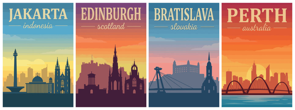 Skyline silhouettes travel poster set. Including jakarta, edinburgh, bratislava, and perth. Retro vector illustration wall art prints.