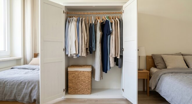 Bedroom closet with clothes on hangers and hamper underneath creates a useful home organization scene focused on laundry, storage, and daily clothing routine.