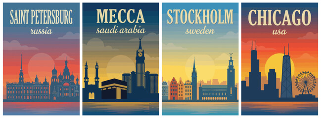 Naklejka premium Vintage global city travel poster set. Including saint petersburg russia, mecca saudi arabia, stockholm sweden, and chicago usa. Retro vector illustration.
