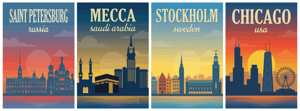 Vintage global city travel poster set. Including saint petersburg russia, mecca saudi arabia, stockholm sweden, and chicago usa. Retro vector illustration.