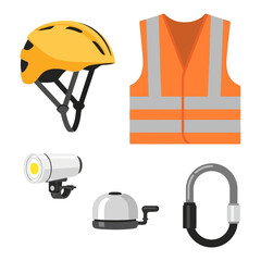 Bicycle safety gear kit with yellow protective helmet orange high visibility reflective vest bright led headlight silver handle bell and heavy duty metal d-lock set. © Rimon