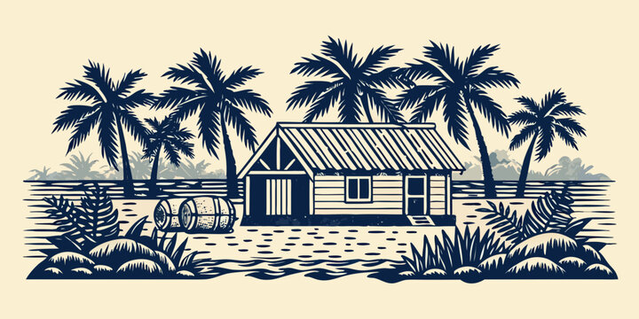 Tropical beach hut illustration with palm trees and ocean view