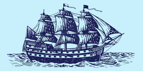 Historic sailing ship illustration with detailed rigging and waves © Prosanta