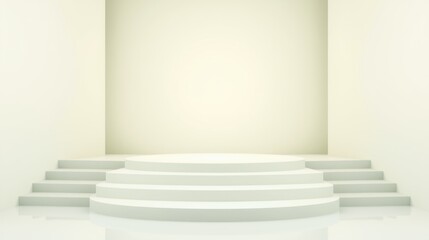 Obraz premium Empty stage. White steps lead to circular platform. Minimalist design, clean lines, bright interior. Focus on presentation space.