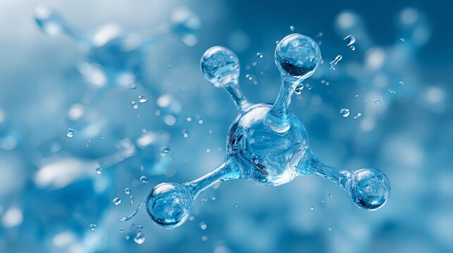 A close-up view of a water molecule in a blue-toned scientific illustration