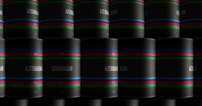 Azerbaijan oil business and fuel extraction barrels in row seamless and loopable concept. Azerbaijani petrol industrial containers.