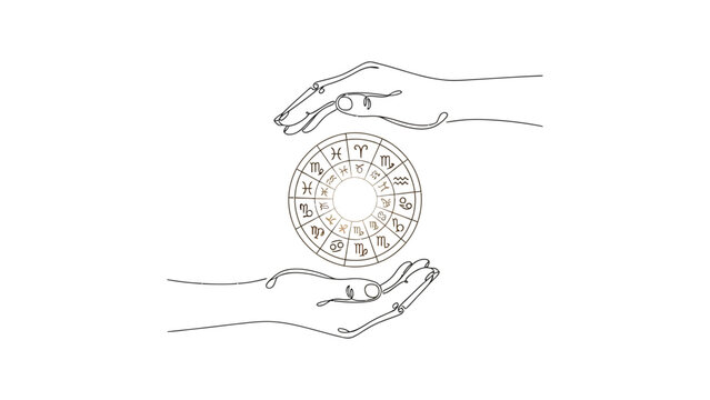 Continuous line drawing of two hands holding a golden zodiac wheel.