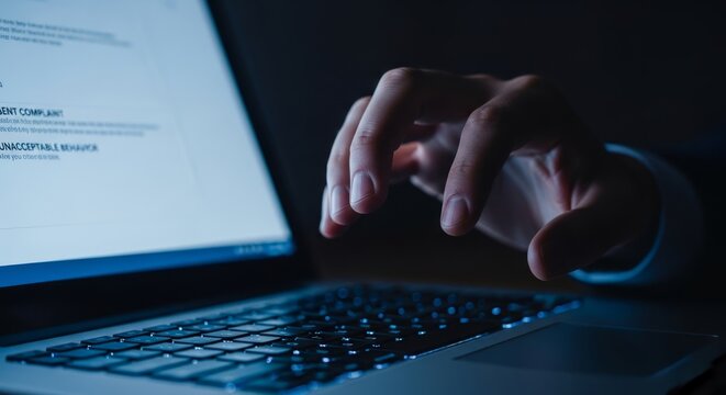 Man typing angry complaint message on laptop in dark room. Cyberspace harassment and emotional regulation challenge. Digital communication of frustration, negative feedback and workplace stress.