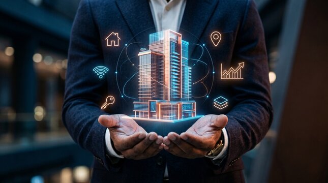 Businessman holding digital building with proptech icons
