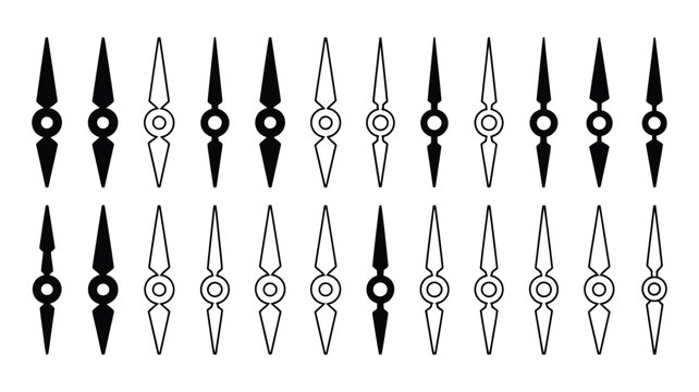 clock hand icon set in flat and line style, antique watch pointer symbols with vintage timepiece needles retro dial indicators and classic timer elements for clock design vector illustration.