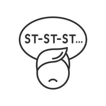 Stuttering child linear icon. Speech and communication disorder. Disruption and repetition of sounds. Thin line illustration. Contour symbol. Vector outline drawing. Editable stroke. Arial font used