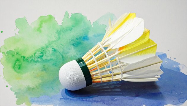 Badminton shuttlecock with white and yellow feathers on vibrant watercolor background, symbolizing sports design blended with artistic creativity.