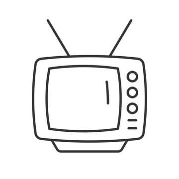 Old-style television linear icon. TV older model. Transmitting moving images in monochrome. Thin line customizable illustration. Contour symbol. Vector isolated outline drawing. Editable stroke
