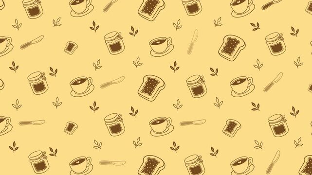 Coffee cup, jam jar, toast slice, butter knives doodle seamless pattern background animation set for bakery. Motif pattern of breakfast food and kitchen item doodle illustration for cafes and pastry