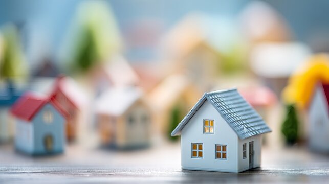 A small white model house stands in front of other miniature houses in a blurred background