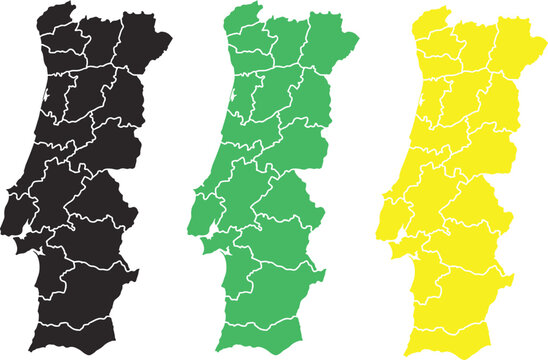 Three colored maps of portugal in black green and yellow
