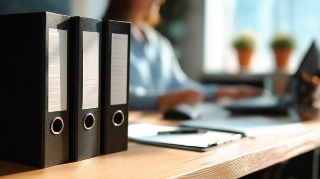 Three black binders sit neatly on a wooden desk