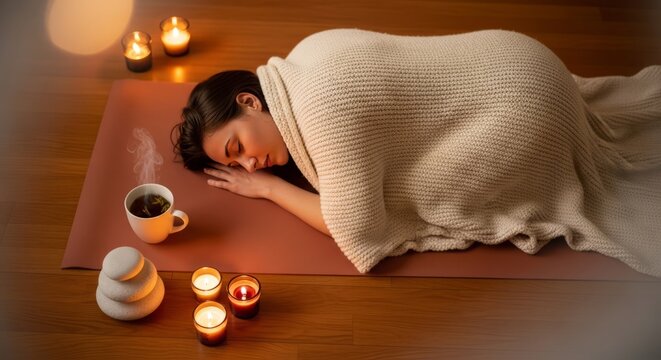 Woman lying on floor wrapped in blanket for nervous system reset. Calming atmosphere with candles and tea for rest, stress relief and mindful relaxation. Mental health wellness concept.