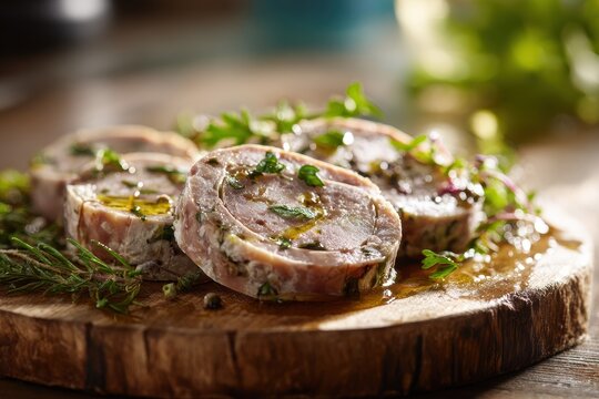 Delicatessen style head cheese slices arranged on a wooden board