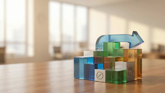 Business strategy growth concept featuring colorful glass blocks and upward arrow wooden office table with cube block chart