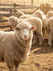 Fototapeta premium Merino sheep standing in farm pen with flock, woolly livestock portrait in warm golden sunlight. 