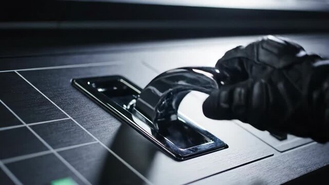 Gloved hand operates sleek metallic lever control panel symbolizing central bank monetary policy lever control panel precision